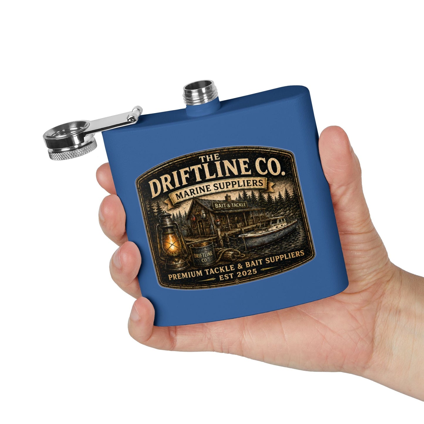The Driftline Company Marine Suppliers Premium Tackle & Bait Stainless Steel Hip Flask - SJM Print Store