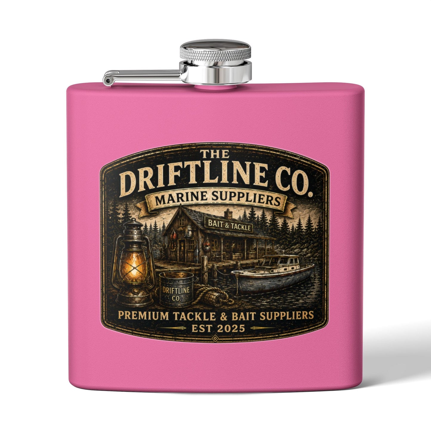 The Driftline Company Marine Suppliers Premium Tackle & Bait Stainless Steel Hip Flask - SJM Print Store