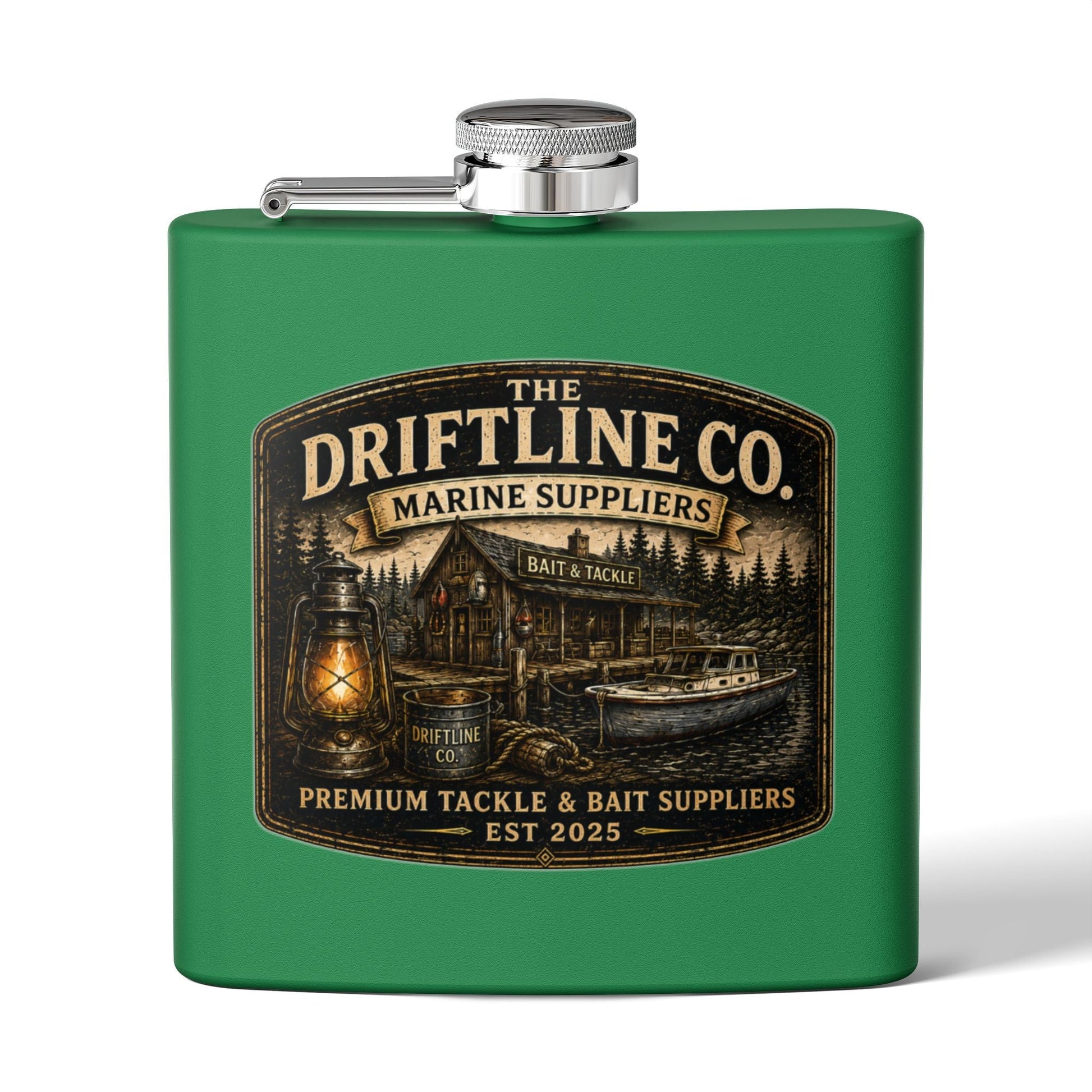 The Driftline Company Marine Suppliers Premium Tackle & Bait Stainless Steel Hip Flask - SJM Print Store