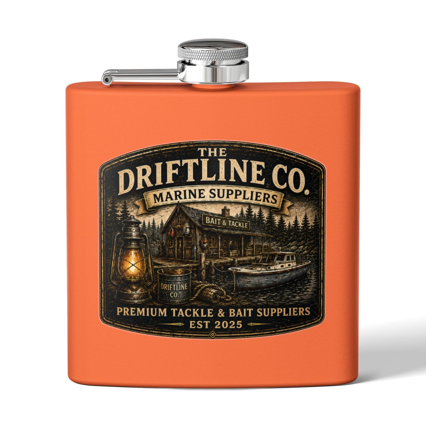 The Driftline Company Marine Suppliers Premium Tackle & Bait Stainless Steel Hip Flask - SJM Print Store