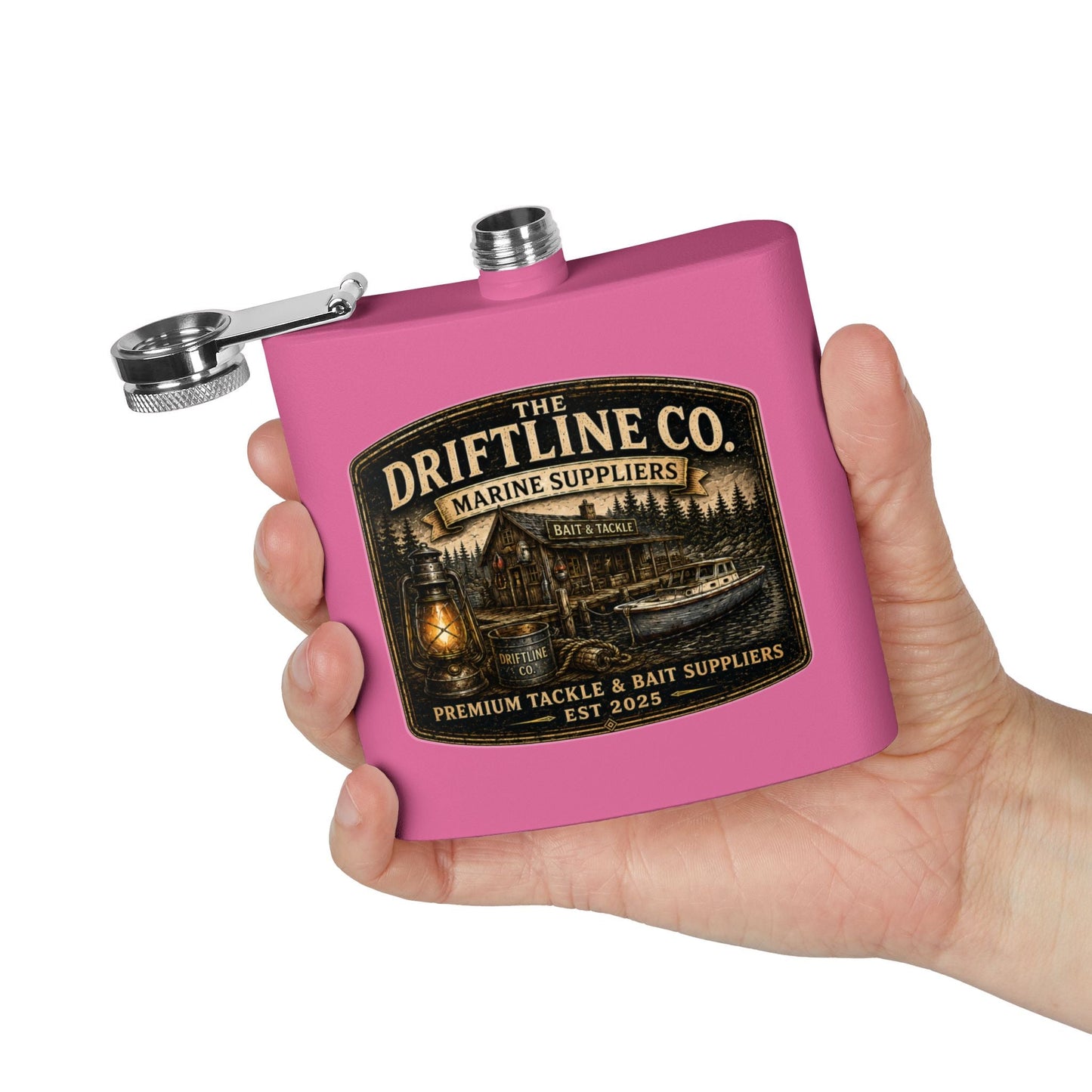 The Driftline Company Marine Suppliers Premium Tackle & Bait Stainless Steel Hip Flask - SJM Print Store