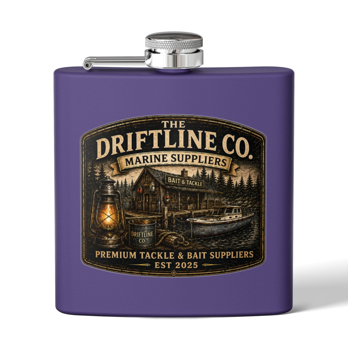 The Driftline Company Marine Suppliers Premium Tackle & Bait Stainless Steel Hip Flask - SJM Print Store