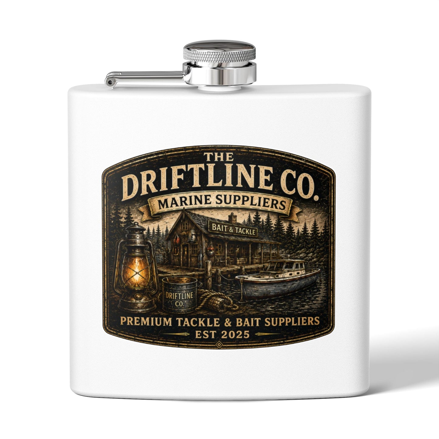 The Driftline Company Marine Suppliers Premium Tackle & Bait Stainless Steel Hip Flask - SJM Print Store