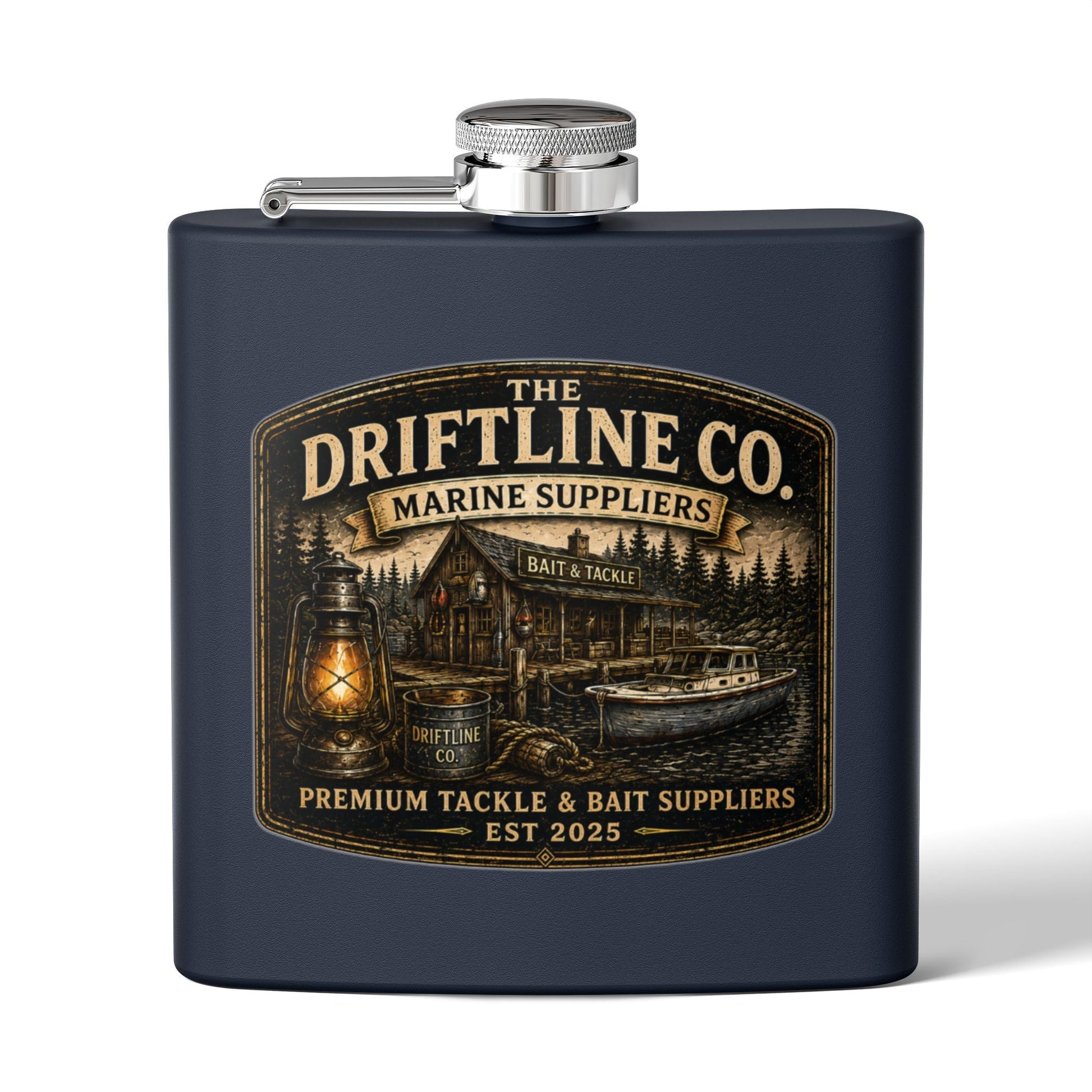 The Driftline Company Marine Suppliers Premium Tackle & Bait Stainless Steel Hip Flask - SJM Print Store