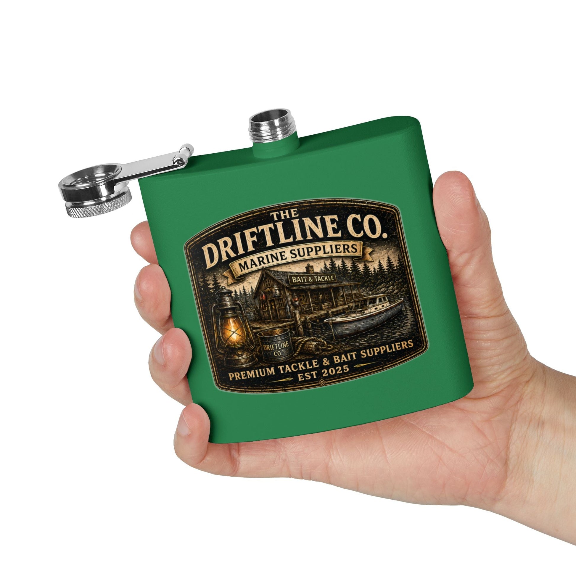 The Driftline Company Marine Suppliers Premium Tackle & Bait Stainless Steel Hip Flask - SJM Print Store