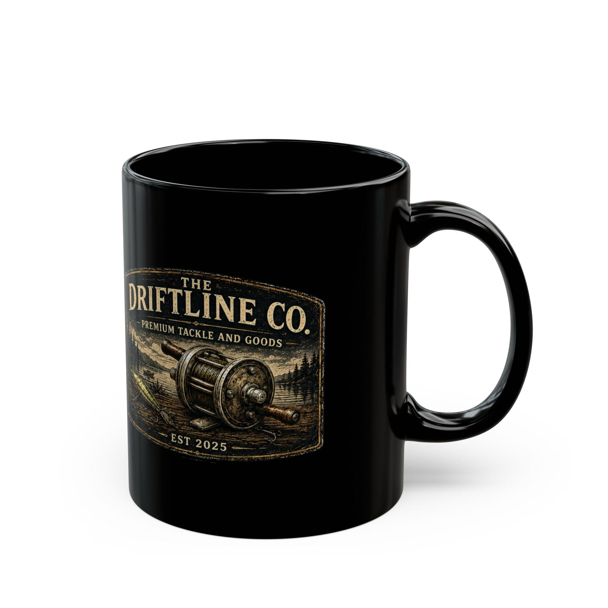 The Driftline Company Premium Tackle & Goods Black Fishing Mug | Ceramic Coffee Mug - SJM Print Store