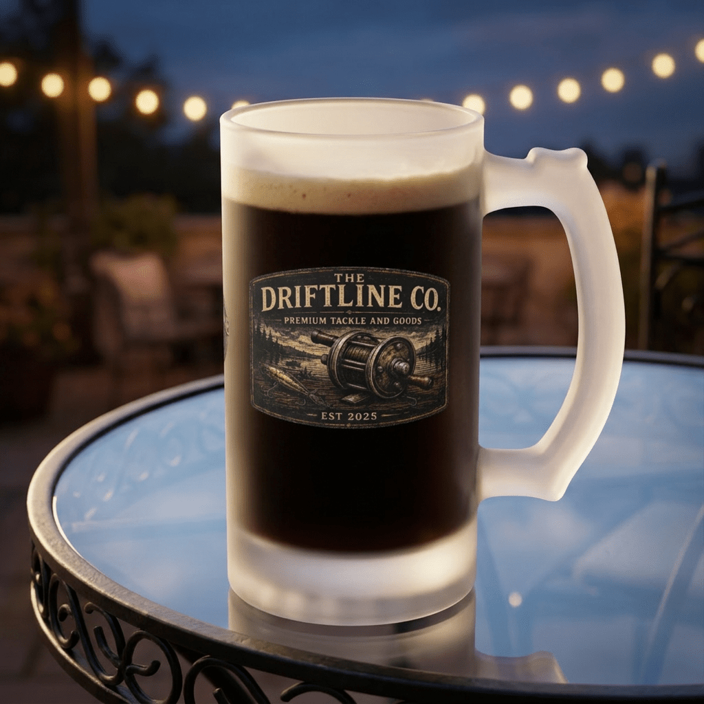 The Driftline Company Premium Tackle & Goods Frosted Glass Tankard | Fishing Beer Mug - SJM Print Store