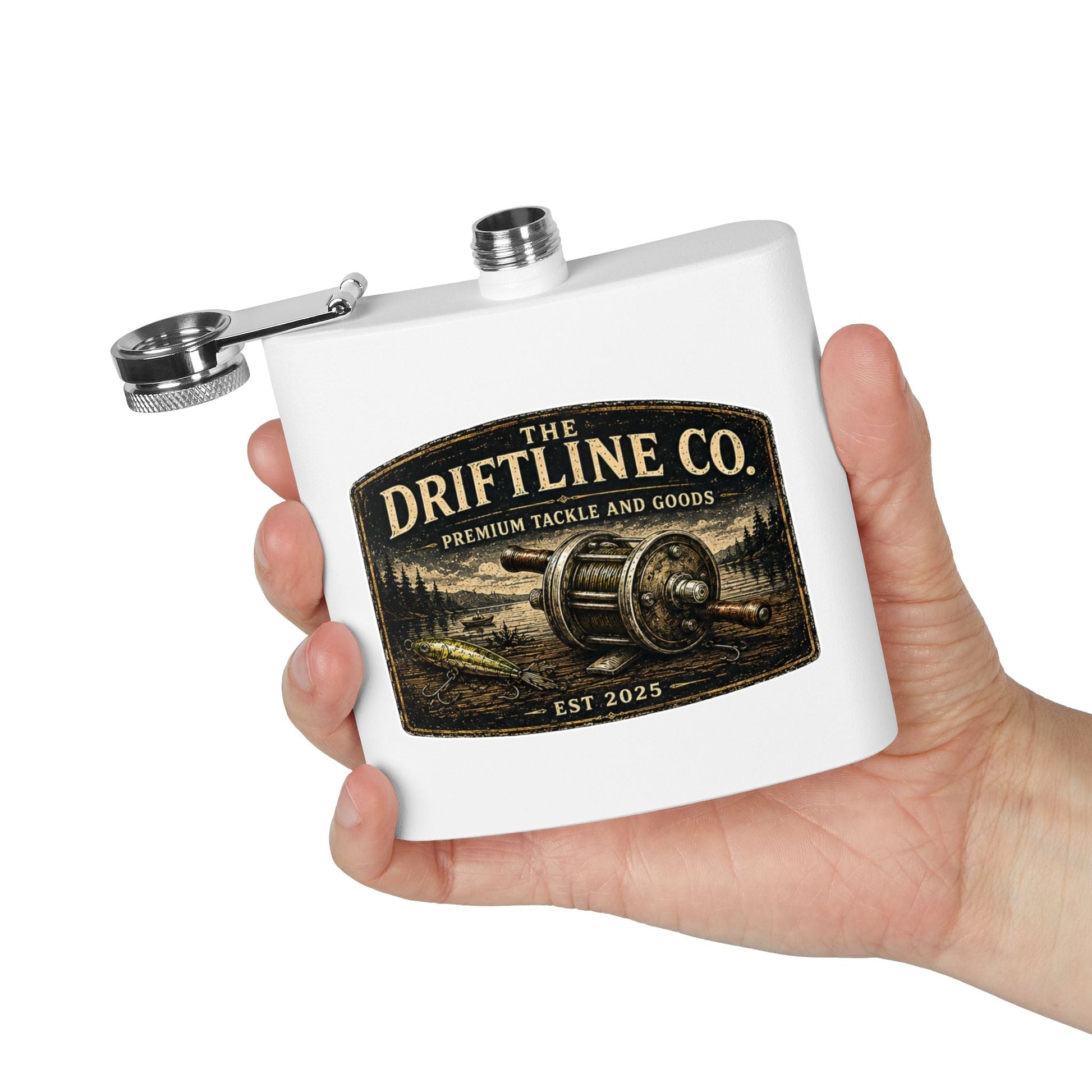 The Driftline Company Premium Tackle & Goods Hip Flask | Stainless Steel Fishing Flask - SJM Print Store