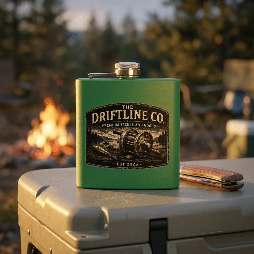 The Driftline Company Premium Tackle & Goods Hip Flask | Stainless Steel Fishing Flask - SJM Print Store